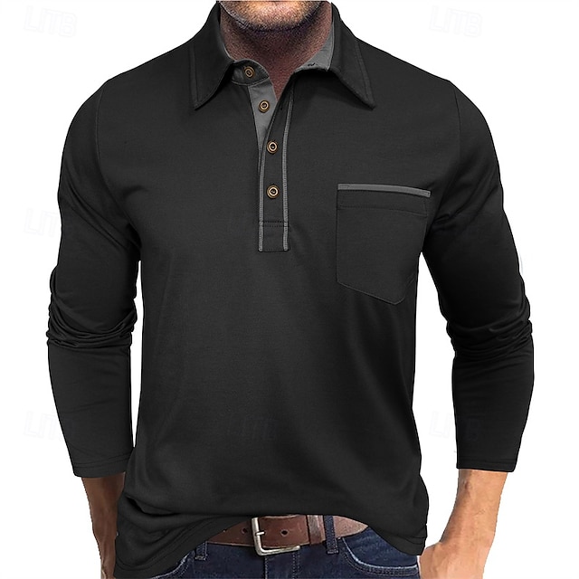  Herren Golfshirt Golf Poloshirts Arbeit Lässig Revers Langarm Basic Modern Farbblock Tasche Knöpfe Frühling Herbst Normale Passform Aprikose Schwarz Marineblau Blau Armeegrün Dunkelblau Golfshirt