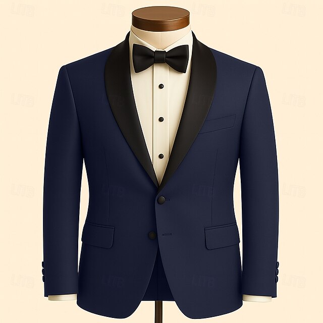 Men's Blazer Jacket Shawl Collar Fashion Retro Vintage Classic Solid Colored Blazer Navy Blue Slim Fit Single Breasted One-button4