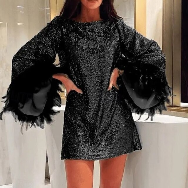 Women's Mini Dress Black Dress Sequin Dress Cocktail Dress Formal Dress Fashion Modern Evening Party Cocktail Party Regular Fit Plain Long Sleeve Crew Neck Black Spring Fall4