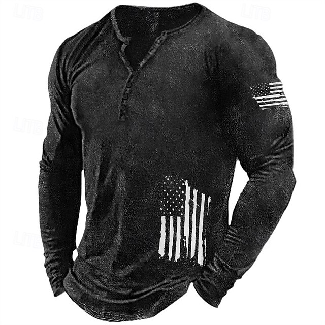 Men's Graphic Prints National Flag Henley Shirt Graphic Tee Long Sleeve Shirt Long Sleeve Hot Stamping Designer Basic Modern Contemporary Vacation Street Going out Spring & Fall Black Red Navy Blue 6