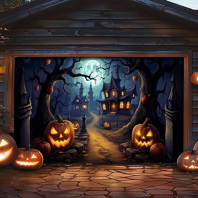  Halloween Zewnętrzny Pokrowiec na Drzwi Garażowe Dyniowe Strachy na Wróble Szkielety Baner Duży Gobelin Tło Dekoracja na Święto Zewnętrzne Drzwi Garażowe Dekoracje Ścienne w Domu