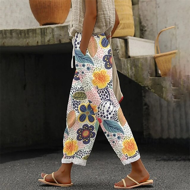 Women's Wide Leg Pants Trousers Fashion Streetwear Full Length Mid Waist Flower Elastic Waist Print Breathability Comfortable Street Daily Wear Going out Yellow Summer Spring Regular Fit4