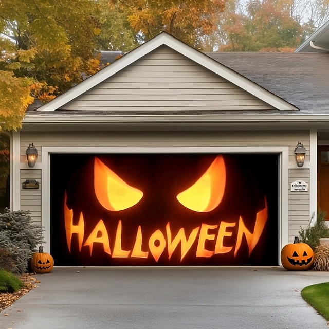  Banner de cort de ușă de garaj Halloween – Fața Jack-o'-lantern strălucitoare cu textul „Halloween” decorare exterioară pentru curtea din față a casei Halloween 2025