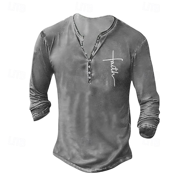  Herr Henleytröja T-shirts T-tröja Långärmad tröja Långärmad Henley Sommar Höst Mönster Tro Mode Designer Mode Årgång Semester Gata Utekväll Mörkgrå Svart Vit Topp t-shirt för män