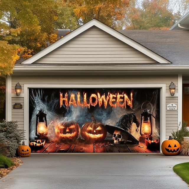  Halloween Außen Garagentor Abdeckung Kürbis Skelette Banner Große Wandteppich Kulisse Dekoration für Urlaubs Außen Garagentor Zuhause Wand Dekorationen