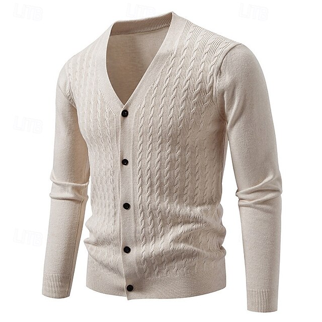  Men's Cardigan Sweater Cropped  Sweater Knit Sweater Ribbed Knit Regular Tops Buttons Jacquard Plain V Neck Fashion Classic Vacation Daily Wear Clothing Apparel Fall Winter Black Navy Blue S M L