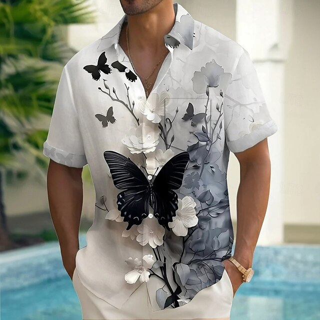 Men's Butterfly Floral Print Flowers Summer Hawaiian Shirt Button Up Shirt Aloha Shirt Short Sleeve Vintage Retro Holiday Casual Daily Summer Spring Turndown 3D Print Collared Shirts Front One Pocket4