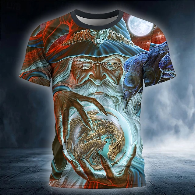 Camiseta masculina de Halloween com estampa 3D de feiticeiro Ed Beard, camiseta de manga curta com gola redonda, estilo gótico, para festa de terror, casual, azul, verão, primavera, todas as estações,