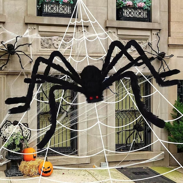  16.5フィートの大きな蜘蛛の巣 + 5フィートの毛深い蜘蛛 &伸縮性のあるクモの巣、ハロウィーンの飾り、恐ろしい偽のクモ、三角形の巨大なクモの巣、屋外屋内お化け屋敷ポーチ庭用の大型小道具