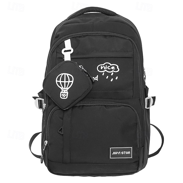  Sac à dos d'école noir pour adolescent avec motif patch et pochette – sac à dos élégant pour les collégiens et les lycéens, prêt pour la rentrée