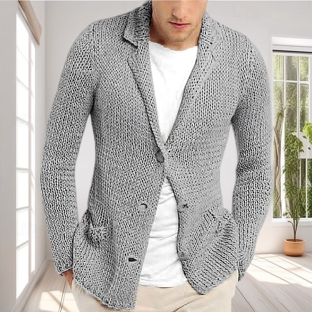 Men's Sweater Cardigan Sweater Ribbed Knit Regular Tops Knitted Plain Notch Modern Contemporary Casual Casual Daily Wear Clothing Apparel Winter Gray M L XL4