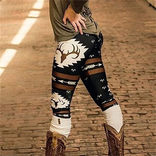 Women's Pants Trousers Leggings Cozy Leggings Casual Boho Full Length High Waist Deer Elastic Waist Print Breathability Comfortable Stretchy Vacation Street Daily Wear Black Red Blue Spring Fall4