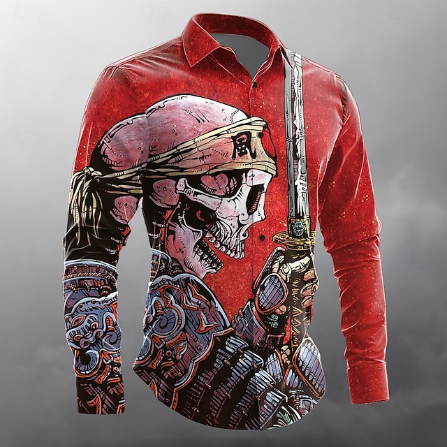  Herren Schädel Krieger Halloween Kostüme Hemd Knopfhemd Designerhemd Langarm Dunkler Gothic-Stil Ferien Streetwear Sommer Frühling Umlegekragen 3D-Druck Hemden mit Kragen Gelb Wein Rote Orange