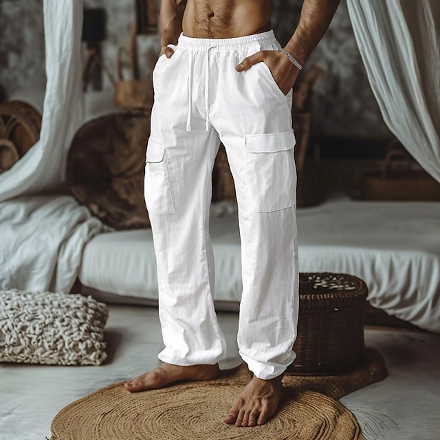  Herren Leinenhosen Hose Sommerhose Seitentaschen Elastischer Bund Kordelzug Einfach Komfort Atmungsaktiv Volle Länge Lässig Täglich Ferien Mode Klassicher Stil Schwarz Weiß