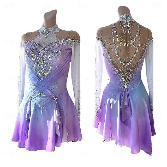 Eiskunstlaufkleid Damen Mädchen Eislaufen Kleid Purpur Daumenloch Halo