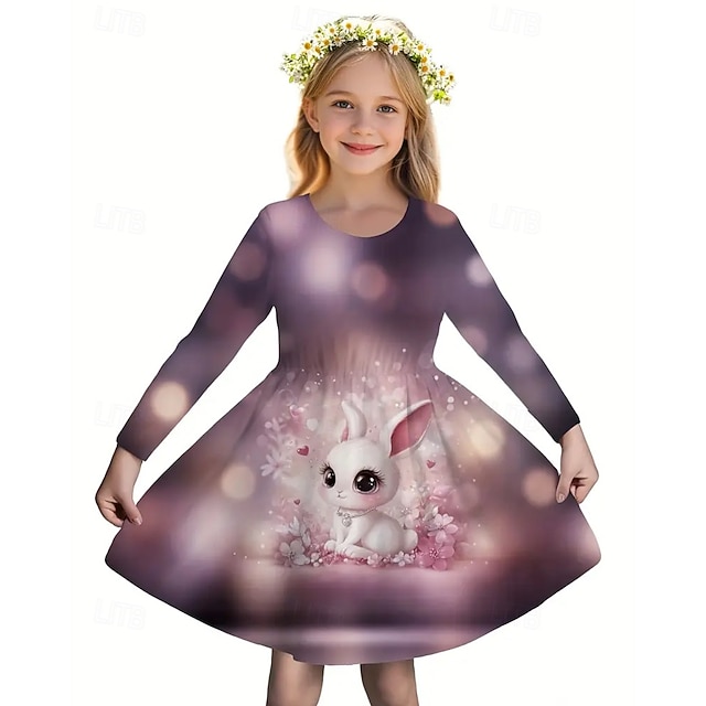  Tyttöjen 3D Kani Mekko Pitkähihainen Kesä Kevät Loma Päivittäin Pyhäpäivä Prinsessa Kaunis Makea Lapset 4-12 vuotta Rento mekko A linjainen mekko Polvipituinen Normaali