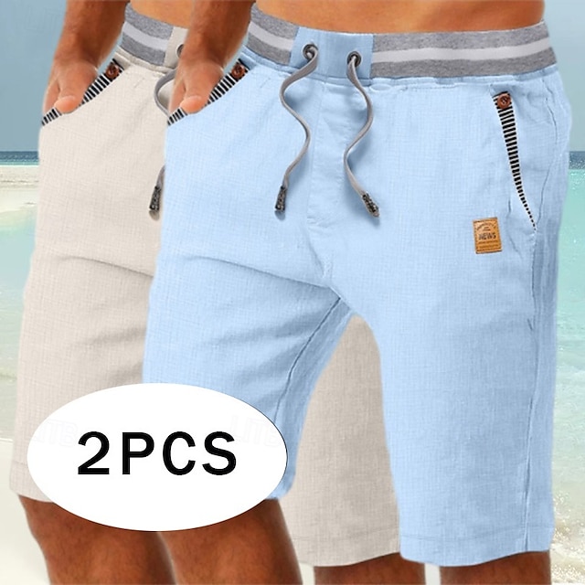  Herren Shorts Leinenshorts Sommershorts Strandshorts Tasche Kordelzug Elastischer Bund Einfach Komfort Atmungsaktiv Knielang Täglich Ferien Strand Urlaub Mode Schwarz + Himmelblau Khaki+Marineblau
