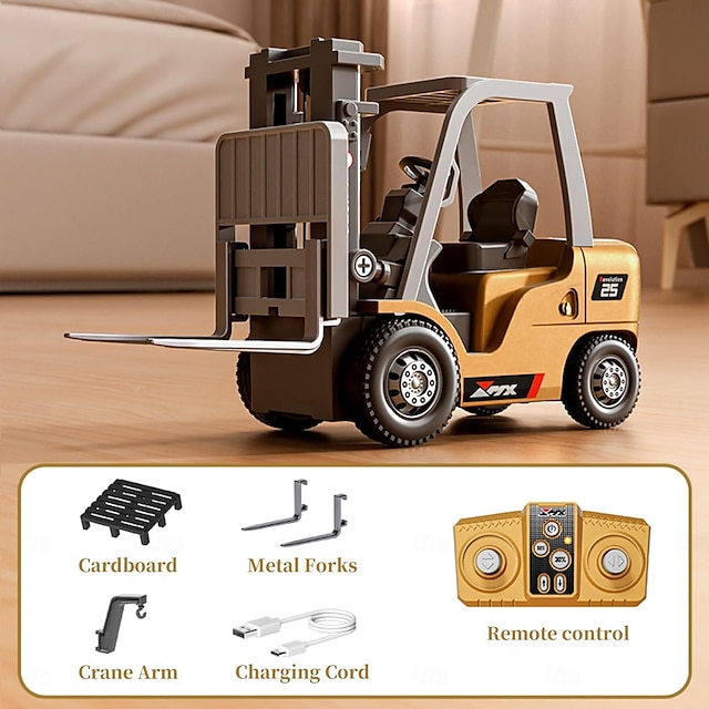  Carretilla elevadora de juguete RC 1/64, mini carretilla elevadora de control remoto de 7 canales y 2 modos con batería recargable, horquilla elevadora transformable 2 en 1 &gancho con luces &Sonidos