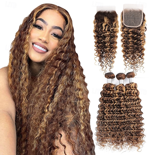  Lot de 3 extensions de cheveux humains ondulés profonds P4/27 avec fermeture 4*4 pour femmes noires