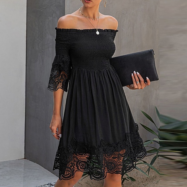  Damen Minikleid Freizeitkleid Sommerkleid Mode Modern Täglich Strand Wochenende Normale Passform Einfach Langarm Schulterfrei Schwarz Sommer
