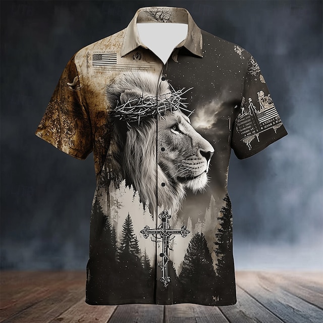  Hombre León Cruz Templaria Camisa Camisa de verano Abotonar la camisa Manga Corta retro de la vendimia Uso Diario Festivos Verano Primavera Cuello Vuelto Impresión 3D camisas con cuello Un bolsillo