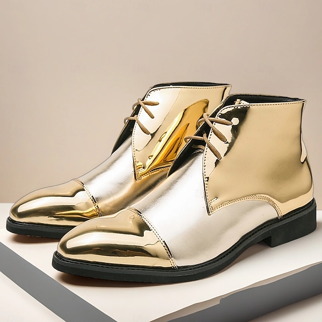  Men's Shiny Gold Lace-Up Ankle Boots – Fashion Statement Dress Boots for Stage Shows, Prom Nights & Festivals