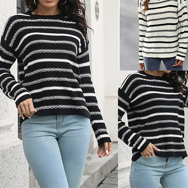 Női Pulóver Alkalmi Csíkos Vaskos Terített nyak Kötött Hosszú ujj Normál felsők Kötött Napi Szabadság Alkalmi Fekete Sárgabarack Ősz Tél