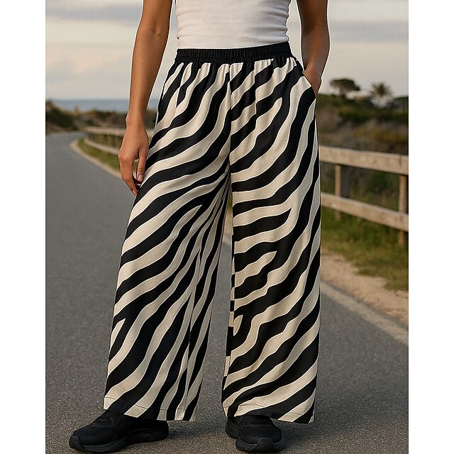 Women's Wide Leg Pants Casual Pants Pocket High Waist Bottoms Athleisure Gym Workout Fall Breathable Outdoor Loose Fit Sportswear Activewear Stripes Black4