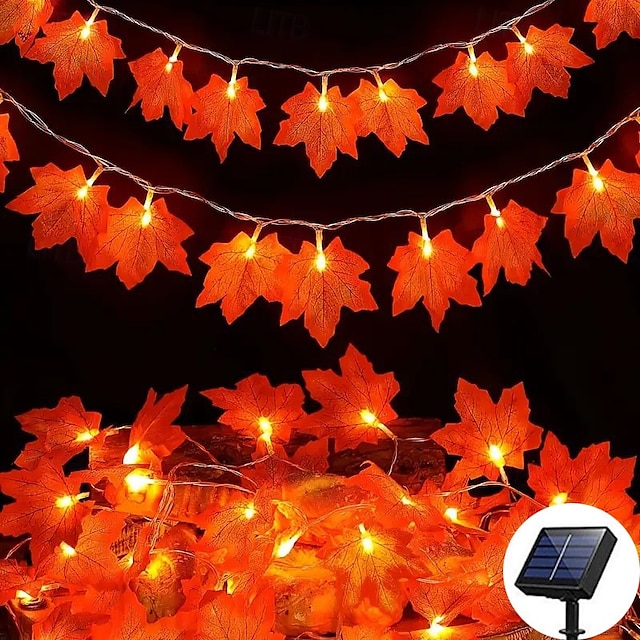  Guirlande lumineuse solaire d'Halloween en forme de citrouille et de feuille d'érable, 6,5 m, 30 LED, étanche, pour jardin, Thanksgiving, Halloween, fête, maison, balcon, terrasse, cour, porche,