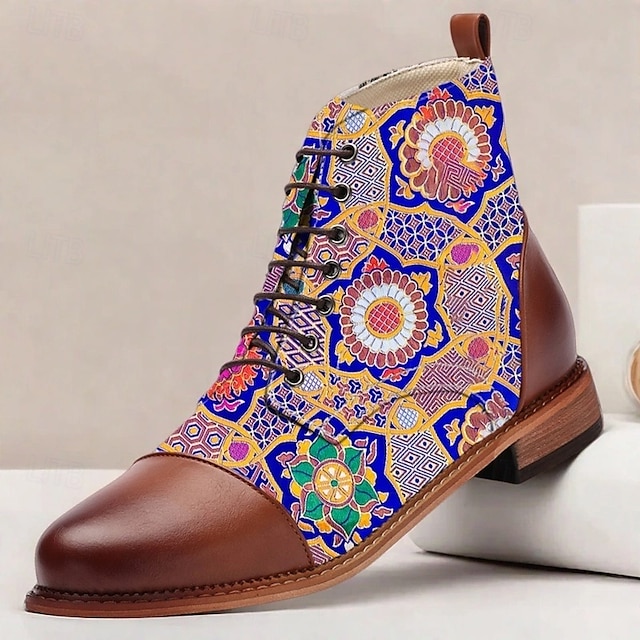  Botas masculinas coloridas de tecido jacquard com cadarço e mandala – botins de estilo étnico artístico para viagens, looks casuais e eventos culturais