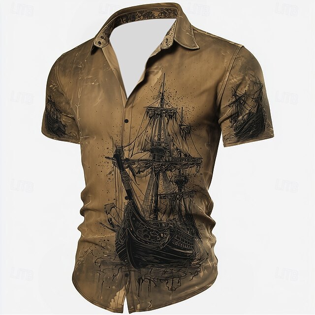 Men's Nautical Sailboat Shirt Summer Shirt Button Up Shirt Short Sleeve Vintage Retro Outdoor Vacation Dailywear Summer Spring Turndown 3D Print Collared Shirts Khaki4