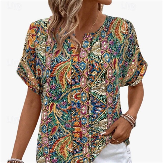 Women's Shirt Floral Stylish Modern Long Sleeve V Neck Regular Tops Daily Holiday Print Rainbow Summer4
