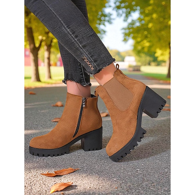  Botas Chelsea femininas de camurça sintética – botins de salto grosso e sola de borracha para passeios de outono na fazenda, estradas rurais e colheita de abóboras
