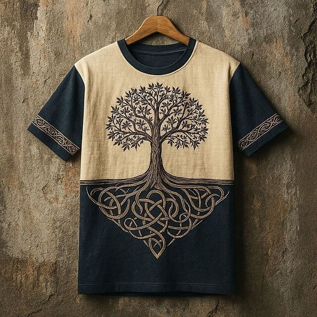 Men's Tee Short Sleeve Shirt Tee Top Short Sleeve Crew Neck Summer Fall Graphic Tree Of Life Yggdrasil Fashion Designer Retro Vintage Print Vacation Street Going out Black Khaki Beige Top Tee for Men4