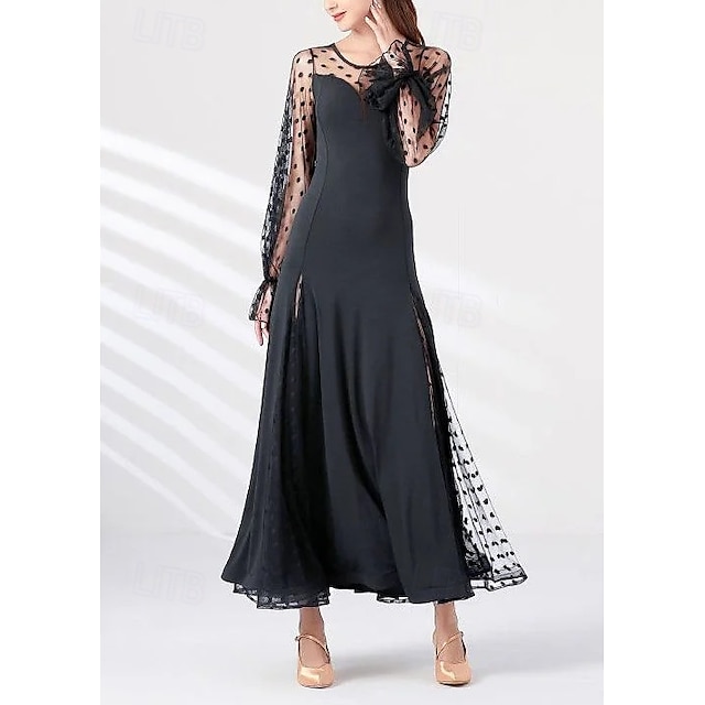  Damen Maxikleid Etui-Kleid Tüllkleid Elegant Hochzeit Urlaub Party Normale Passform Tupfen Langarm Rundhalsausschnitt Schwarz Sommer Frühling Herbst Winter