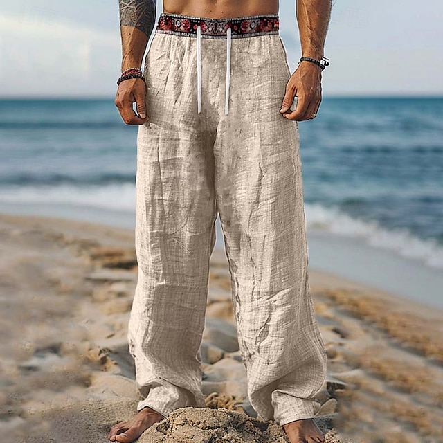  Men's Linen Pants Trousers Summer Pants Beach Pants Patchwork Elastic Waist Drawstring Geometric Comfort Breathable Full Length Casual Daily Holiday Vacation Fashion Khaki