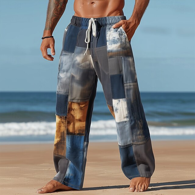 Men's Color Block Patchwork Trousers Baggy Pants Casual Pants Mid Waist Vintage Retro Outdoor Vacation Elastic Drawstring Waist Linen-Like Pants with Pockets Summer Spring Fall 3D Print Blue4