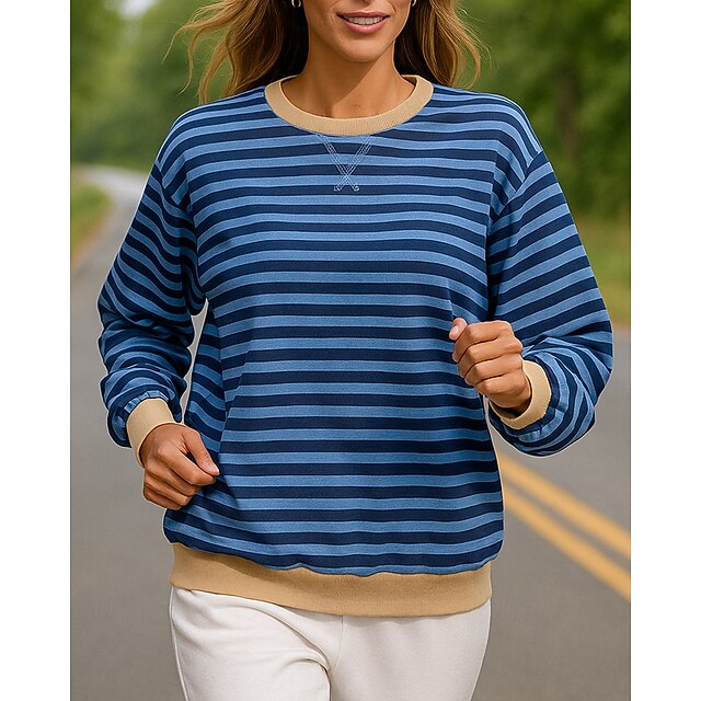 Women's Pullover Sweatshirt Casual Tops Long Sleeve Top Athleisure Fall Striped Cotton Sun Protection Windproof Outdoor Running Sportswear Activewear Blue4