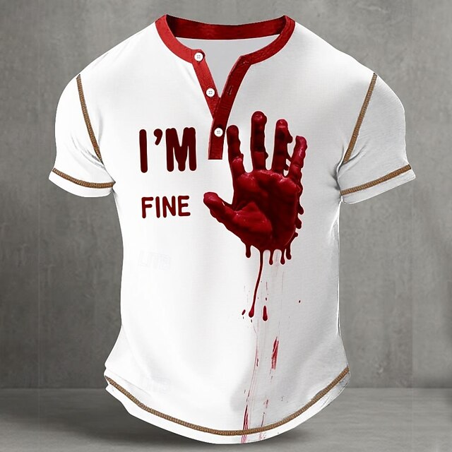 Men's Halloween Blood Splatter Blood stains I'M FINE Henley Shirt Tee Short Sleeve Vintage Fashion Designer Outdoor Casual Daily Summer Spring &  Fall White Henley Henley T-Shirt4