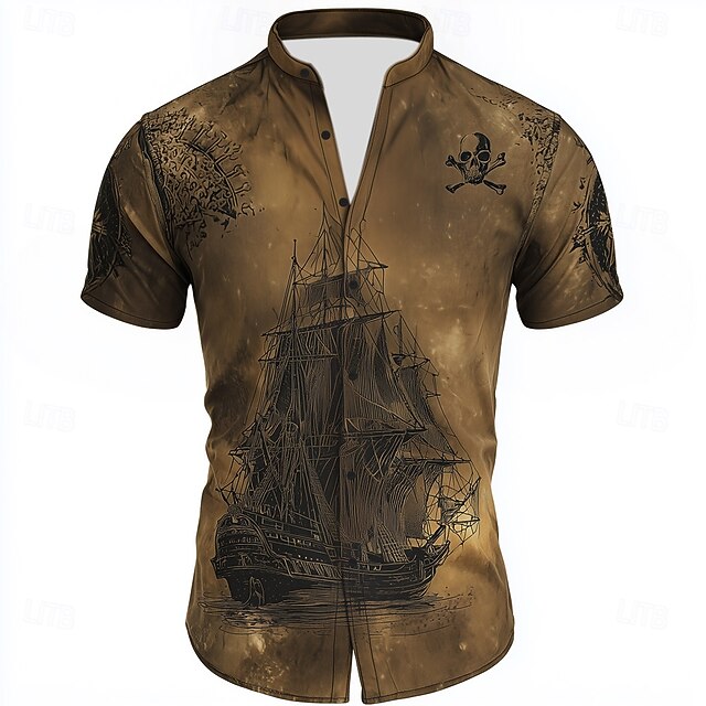 Men's Nautical Sailboat Shirt Button Up Shirt Stand Collar Shirt Short Sleeve Vintage Retro Vacation Dailywear Beach Wear Summer Spring Mandarin Collar 3D Print Linen Like Shirt Brown4