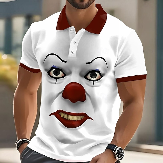  Halloween Herr Rolig clown Polo Kortärmad Polotröjor Kavajslag Ful Hawaiisk Ledigt Utomhus Gata Gåva Fritids- 3D-utskrift Knappar Sommar Svart Vit Rubinrött