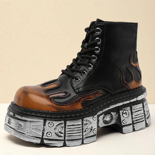  herre gotiske flammende platåstøvler – steampunk ankelstøvletter med grov såle og snøring for punkrockfester og cosplay