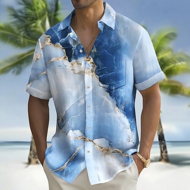 Men's Gradient Waves Marble Shirt Summer Shirt Button Up Shirt Short Sleeve Fashion Casual Outdoor Vacation Dailywear Summer Spring Turndown 3D Print Collared Shirts Front One Pocket Blue4