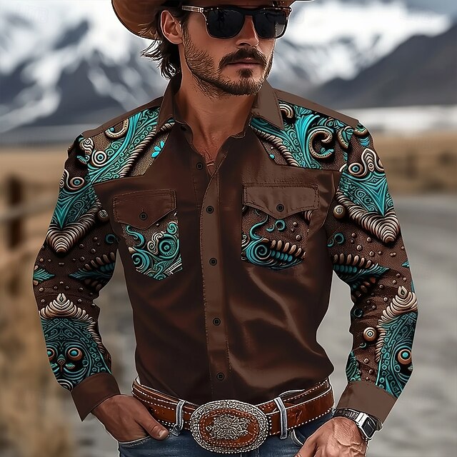 Men's Floral Print Ethnic Flowers Shirt Western Shirt Cowboy Shirt Long Sleeve Vintage Retro Tribal Outdoor Daily WorkWear Spring Fall Turndown 3D Print Front Two Pockets Button Up Shirts Brown4