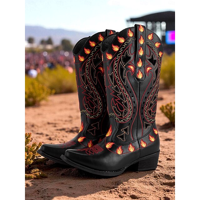  Botas vaqueras occidentales con bordado de llamas negras para mujer: botas retro hasta la rodilla con tacón bajo para festivales de música, disfraces de Halloween y cosplay.