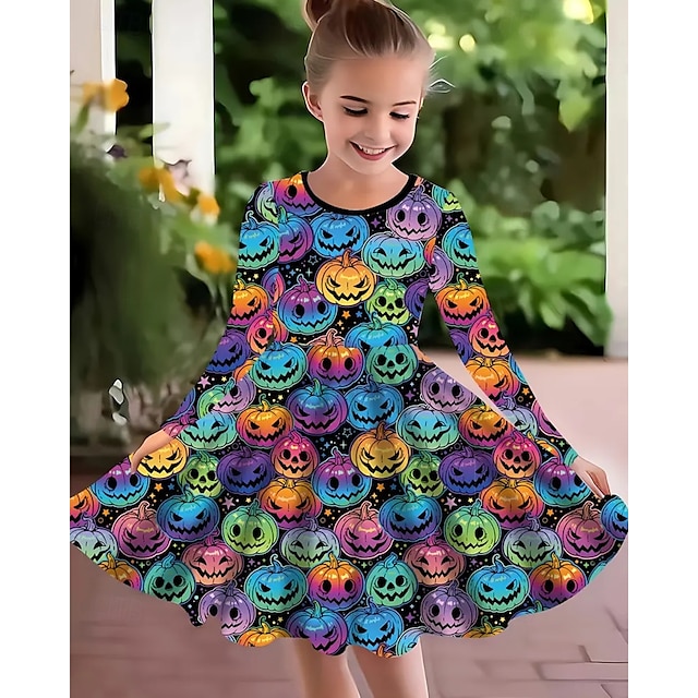  Halloween Dziewczyny ' 3D Halloweenowa dynia Sukienka Długi rękaw Lato Wiosna Urlop Codzienny Święto Księżniczka Piękny Słodkie Dzieci 4-12 lat Codzienne sukienki Sukienka A line Do kolan Regularny