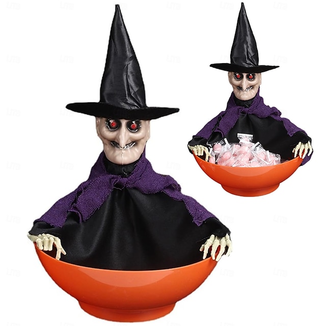  動く頭蓋骨と光る目、不気味な音楽が付いたハロウィーンのキャンディーボウル。トリック・オア・トリートやお化け屋敷の装飾に最適です。