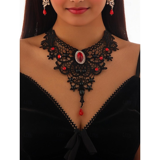Gothic Schmuck Set: 3-teiliges Lace Halsband & Ohrringe In Schwarz Mit Rotem Anhänger - Perfekt Für Lolita, Steampunk Und Cosplay