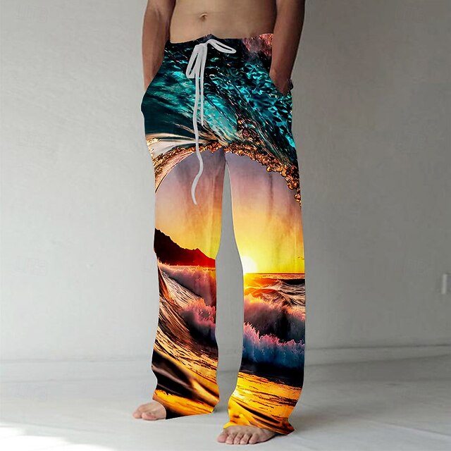 Men's Trousers Baggy Pants Casual Pants Elastic Drawstring Waist Linen-Like Pants with Pockets Optical Illusion Landscape Sunset Full Length Outdoor Vacation Hawaiian Black Inelastic4