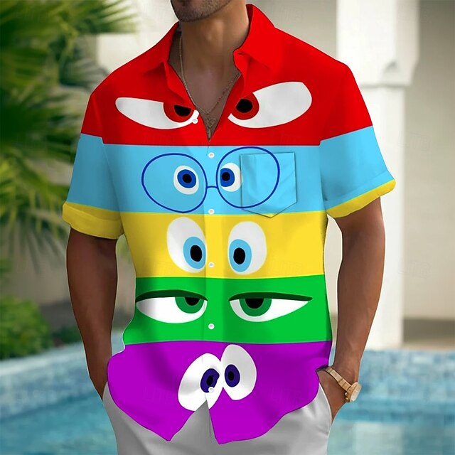 Men's Cartoon Big Eyes Shirt Summer Shirt Button Up Shirt Short Sleeve Funny Outdoor Vacation Dailywear Summer Spring Turndown 3D Print Collared Shirts Front One Pocket Red4